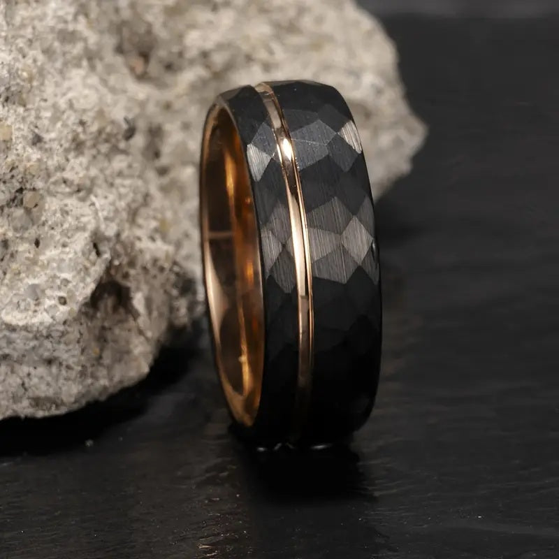 Black and Gold Hammered Tungsten Ring 8mm