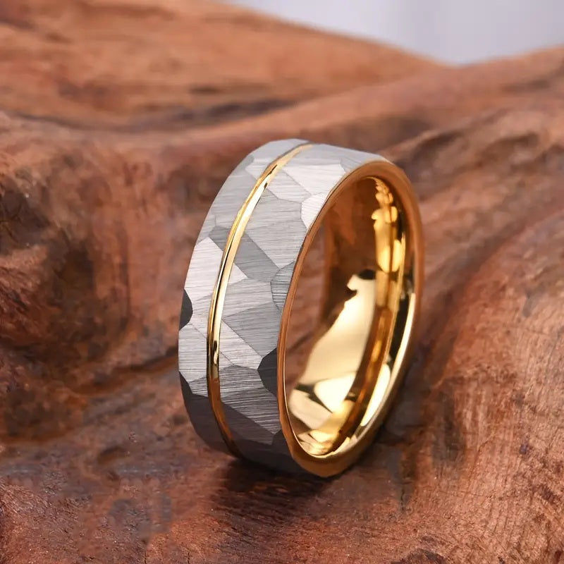 Golden Hammered Tungsten Ring 8mm