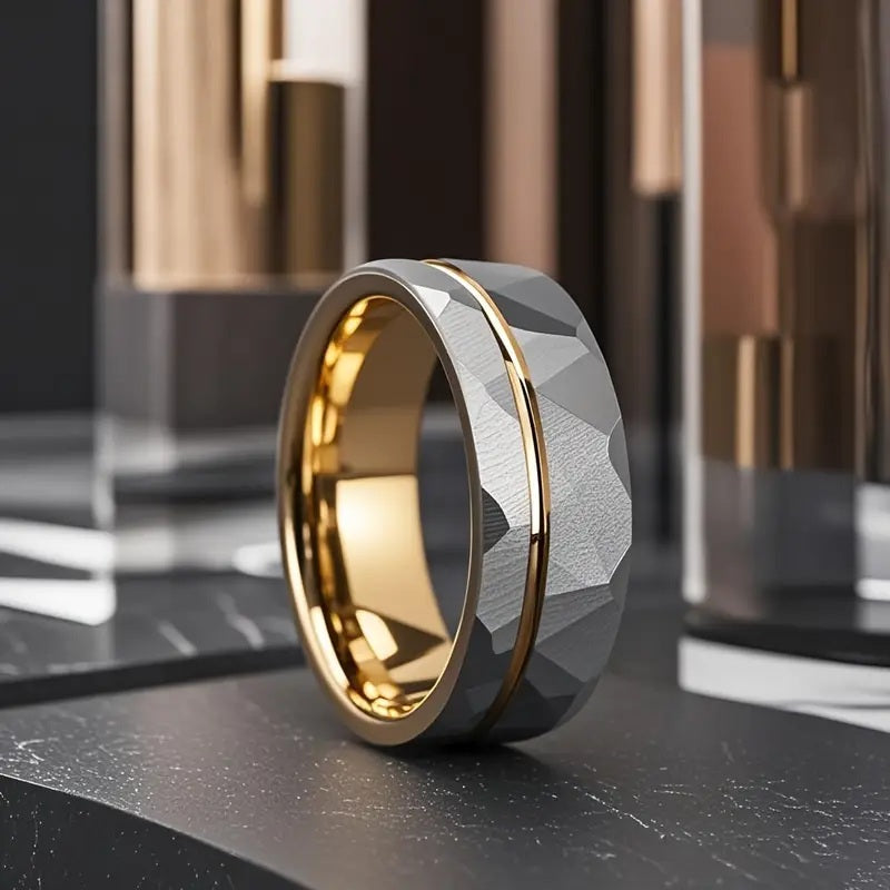Golden Hammered Tungsten Ring 8mm