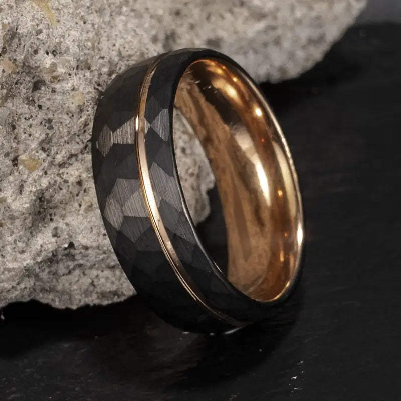 Black and Gold Hammered Tungsten Ring 8mm
