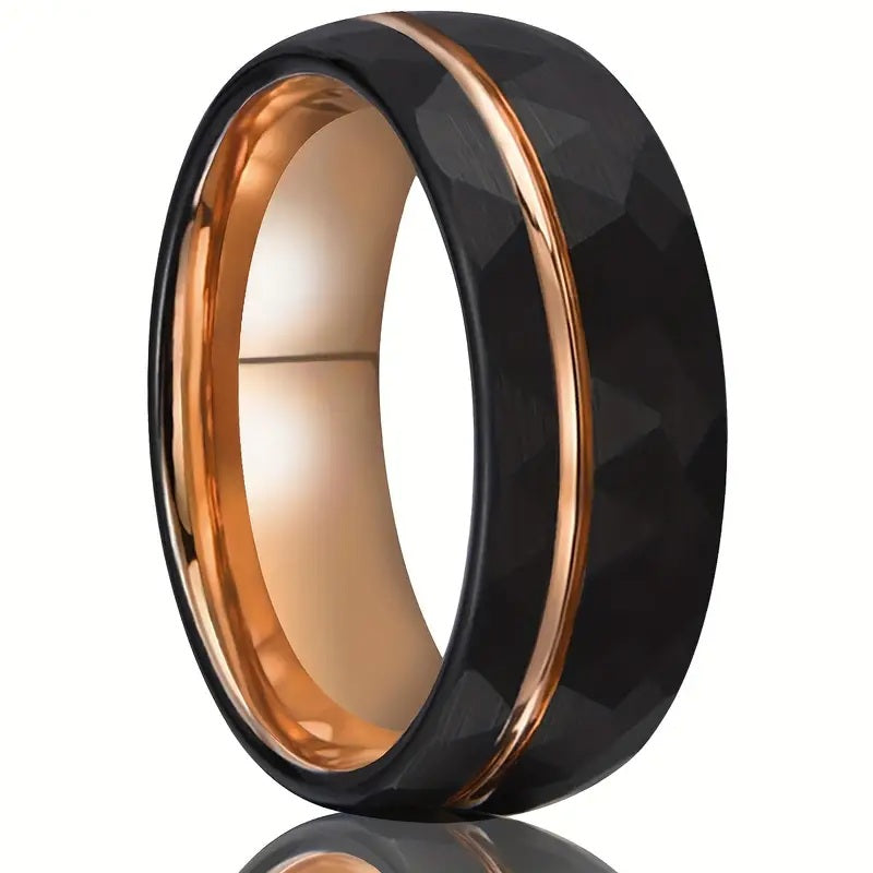 Black and Gold Hammered Tungsten Ring 8mm