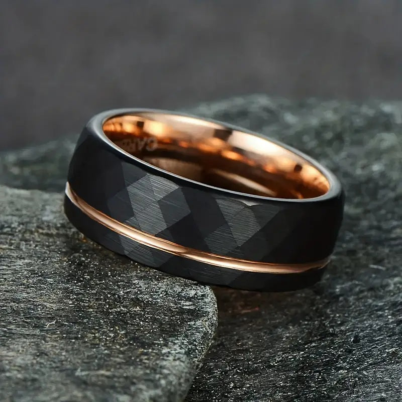 Black and Gold Hammered Tungsten Ring 8mm