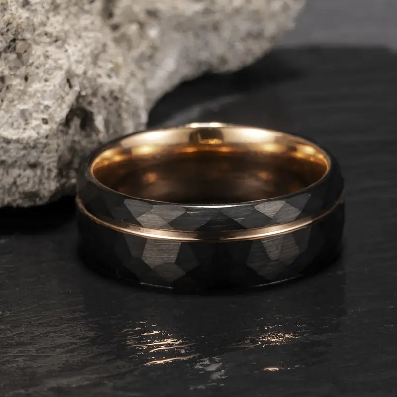 Black and Gold Hammered Tungsten Ring 8mm
